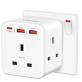 LENCENT 3 way plug adaptor with 3 Fast Charge USB, 6-in-1 Cube Multi Plug Extension with PD&QC 3.0 20W USB Wall Charger, Plug Extender for Home, Office, Kitchen, 13A 3250W