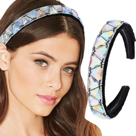 Firuilo Rhinestones Wide Headbands Baroque Crystal Head Bands Big Sparkly Diamond Hair Bands Vintage Velvet Hair Hoop with Thick Hair Ties Party for Women and Girls(AB Crystal) (Type A)