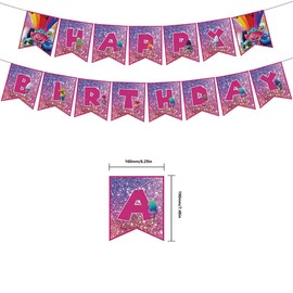 Trolls Birthday Decorations Party Set, Cute, Character, Kids, Girls, Dolls, 2, Pink, Purple, Happy Birthday Banners, Garlands, Balloons, Cake Toppers, Set of 32