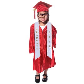 Happy Graduates 2025 Shiny Red Deluxe Child Graduation Set, Small, Kindergarten Graduation Cap And Gown Set, For Preschool Graduation, Includes Graduation Cap, Gown, Tassel, Sash, Ring, Diploma