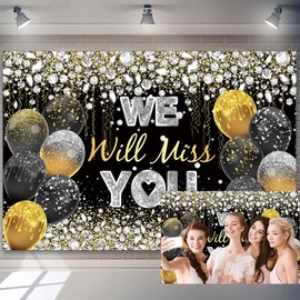 7x5ft Retirement Farewell Party Backdrop Black Gold Ballons Silver Diamonds Photography Background for Graduation Party Decor We Will Miss You Backdrop Banner Bye Office Work Retirement Photo Props