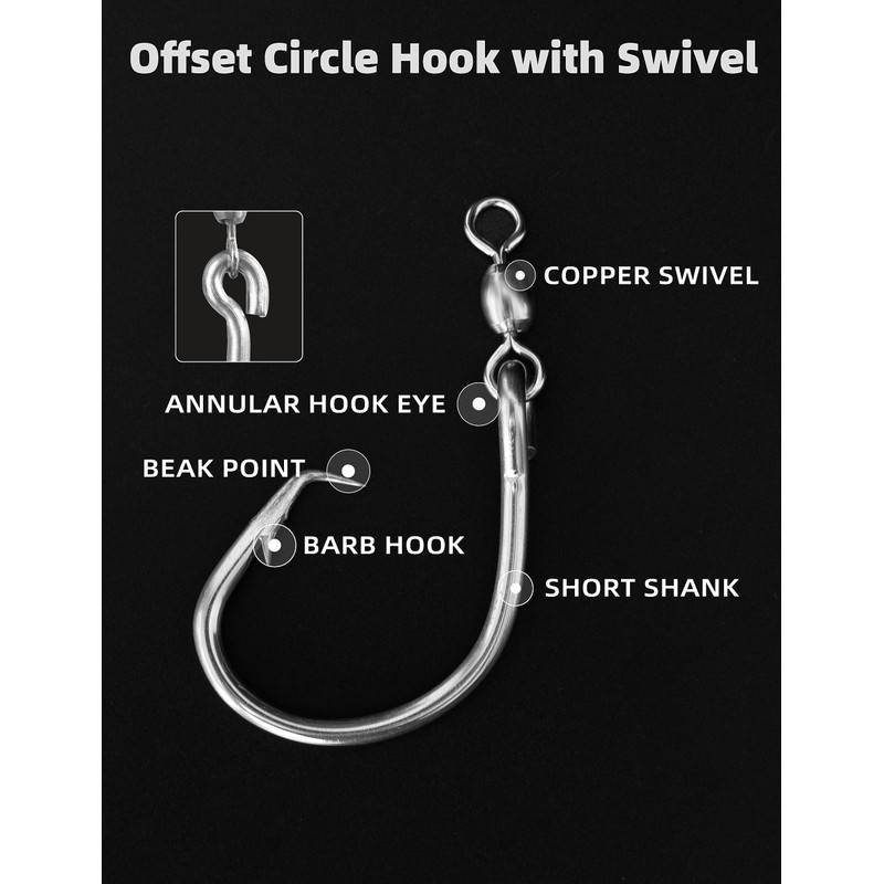 BLUEWING Offset Circle Hook with Swivel 5pcs Stainless Steel Fishing