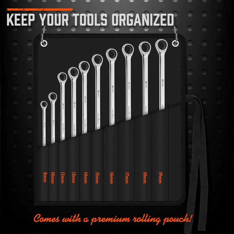 HORUSDY 10-Piece Extra Long Ratcheting Wrench Set with Tool Bag,