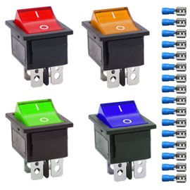Gebildet 4 x Rocker Switch AC 16A/250V 20A/125V DPST 4 Pins 2 Position Built-in Switch, Red/Green/Yellow/Blue with 16 x Cable Connections Switch