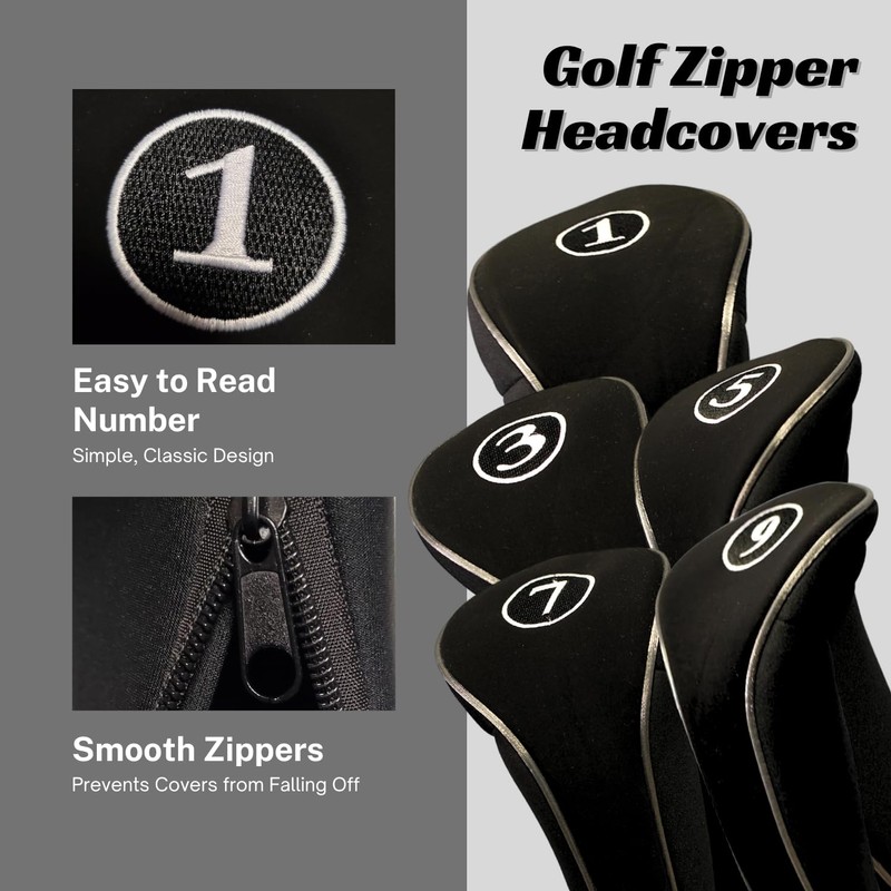 Black Golf Zipper Head Covers Driver 1 3 5 7