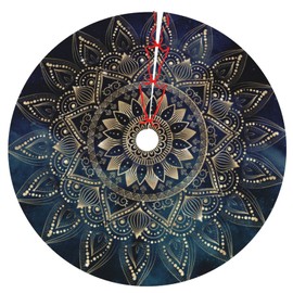 Large Christmas Tree Skirt Mat with Elegant Gold Mandala Blue Galaxy Pattern,Traditional Christmas Tree Skirt Carpet for Xmas Holiday Party Ornament Rustic Farmhouse Decorations（48 Inch ）