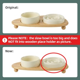 Havniva Ceramic Slow Cat Feeder Bowl, Raised Slow Cat Food Bowl, Elevated Cat Water Bowl with Wooden Stand, Pet Slow Feeder Bowl, Circle Shape. (2 x Bowl with Stand - Cream, 6inch)