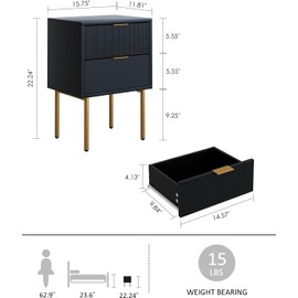 AEPOALUA Nightstand,Small Bedside Table with Gold Frame,Morden Night Stand with 2 Drawer,End Table,Side Table with Drawer and Shelf for Bedroom,Living Room, Black