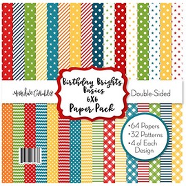 6X6 Pattern Paper Pack - Birthday Brights Basics - Card Making Scrapbook Specialty Paper Double-Sided 6"x6" Collection Includes 64 Sheets - by Miss Kate Cuttables