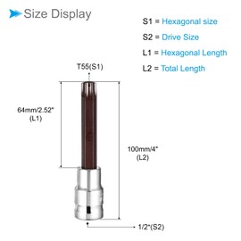 CoCud Torx Bit Socket, Metric T55 Bit 1/2" Drive 4" Long, S2 Alloy Steel Heat Treated CR-V Socket - (Applications: for Fastener Application)