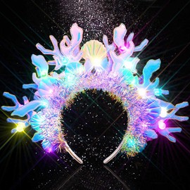Handcess Light up Coral Headband LED Shell Hair Band Glowing Mermaid Costume Crown Headbands Party Rave Hair Accessories for Women