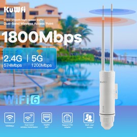 KuWFi Outdoor WiFi 6 Access Point AX1800, Long Range Dual-Band 1800Mbps Outdoor WiFi Extender, IP65 Waterproof with Gigabit PoE, 2 x 7dBi Antennas, Supports Mesh/AP/Repeater for Home, Garden, Office