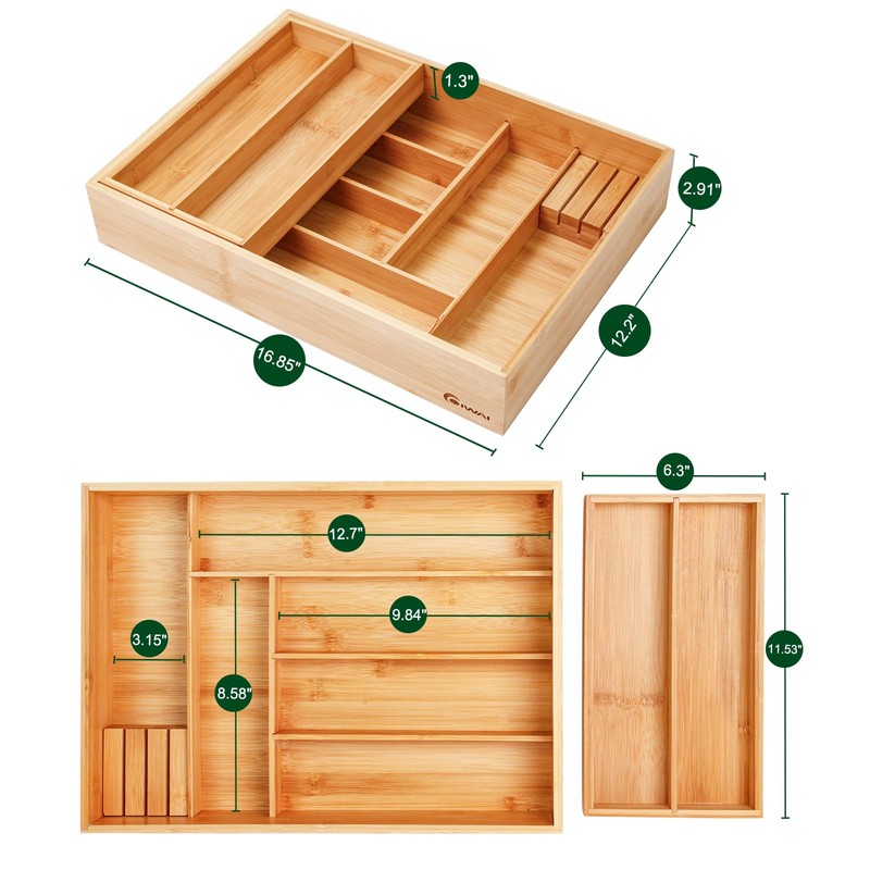 COIWAI Double Layer Bamboo Kitchen Drawer Organizer Cutlery Utensil Silverware