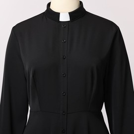 FAD-4U Church Clergy Dress for Women Long Sleeve Rows Buttons A Line Dress with Tab Insert Stand Collar Black