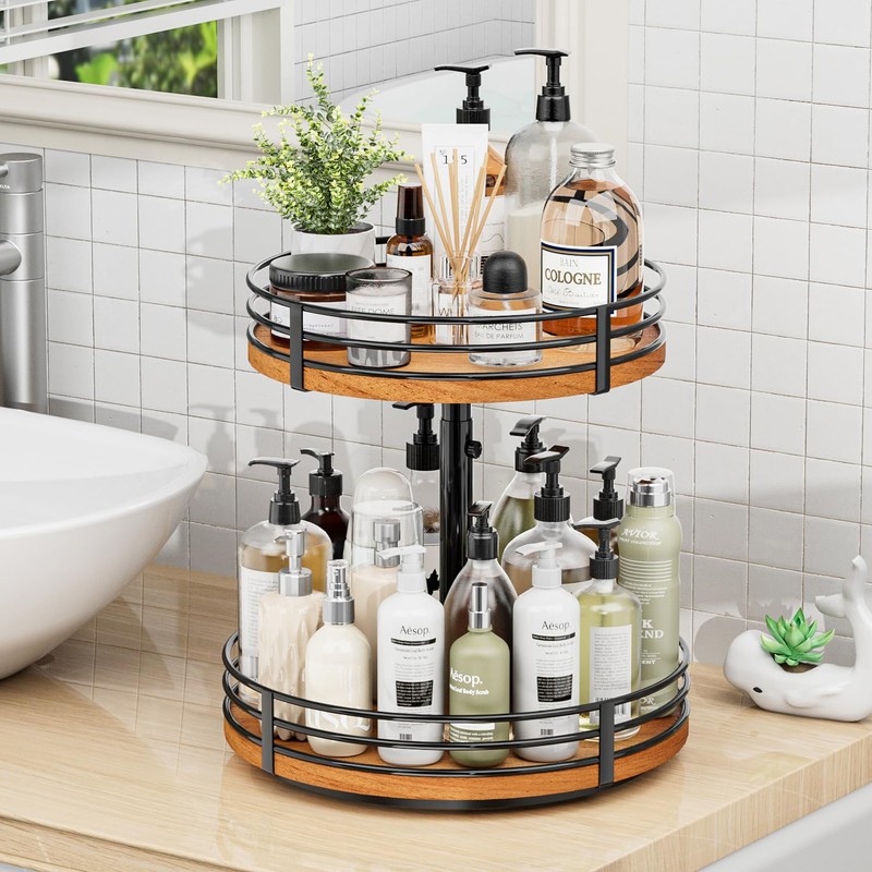 Lazy Susan Turntable Organizer Adjustable - 2 Tier Wood Rotating