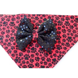 2 in 1 Festive Glittery Sequined Bow and Bandanna In One Black Paws on Red Thread Through Over the Collar Slip On No-Tie Neckwear