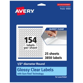 Avery Glossy Clear Round Labels with Sure Feed, 0.5" Diameter, 3,850 Glossy Clear Labels, Print-to-The-Edge, Laser/Inkjet Printable Labels