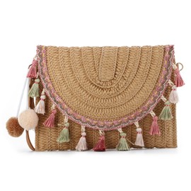 EVEOUT Women Straw Clutch Handbag with Strap Summer Woven Cross-Body Bag with Tassel Girls Straw Shoulder Bag for Wedding Beach Vacation Travel