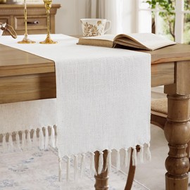 Aoztio Linen Style Rustic Table Runner, Farmhouse Cotton Linen Table Runner, Boho Table Runners 150cm Long with Hand Tassels for Home Tabletop Decor and Everyday Use - Off White, 150cm