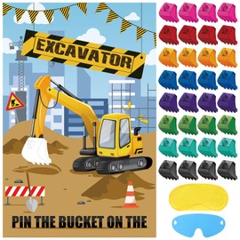 Hxezoc Pin The Bucket on The Excavator Game With 32 Pcs Buckets Large Construction Party Games Poster for Kids Birthday Party Construction Party Supplies