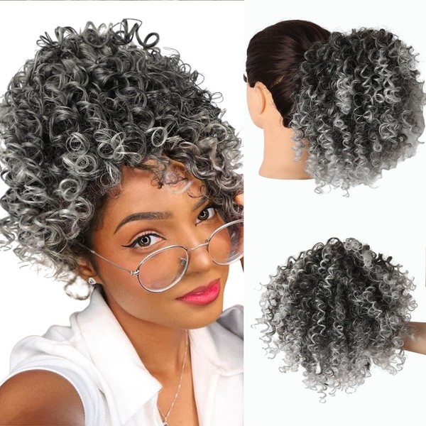 LEOSA Kinky Curly Short Gray Messy Bun Drawstring Ponytail Extension