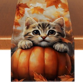 Pumpkin Cat Fall Table Runner,Maple Leaves Autumn Thanksgiving Harvest Festival Farmhouse Decorations and Supplies for Home Kitchen Dining Room Table-13×72''