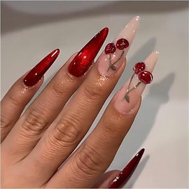 Gleamrain Red Press on Nails Long Stiletto Glue on Nails Almond Shape with 3d Cherry and Cat eye Design for Women and Girls for Christmas Parties Dances or Daily Use 24pcs