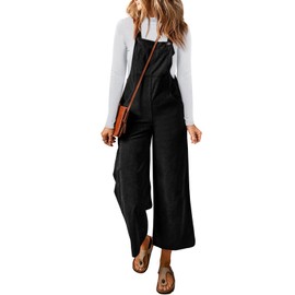 Happy Sailed Black Jumpsuit for Women Fall Winter Casual Loose Solid Color Sleeveless Adjustable Straps Corduroy Overalls with Pockets Fashion 2024 Medium