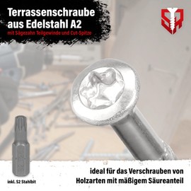 SCREW REBEL Decking Screws ST-FIX Stainless Steel A2 5.0 x 50 mm - Pack of 200 Including S2 Bit, TX 25, Decorative Countersunk Head, End Mill, Cut Tip, Flooring Screw Waxed