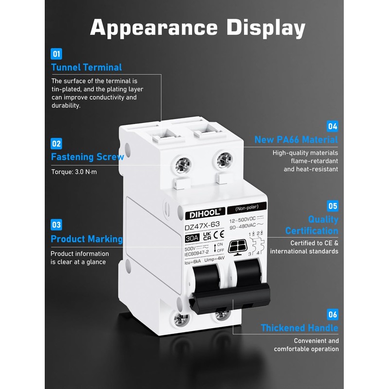 DIHOOL Solar Disconnect Switch, 30 Amp 2 Pole, DIN Rail