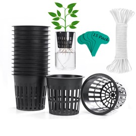 ORIMERC 4 inch 15 Pack Net Cup Pots, with 15 feet Self Watering Rope, 15 Plant Labels, for Hydroponic Aquaponics Kratky Orchid Vegetable Indoor Outdoor Growing Baskets Nursery Slotted Mesh BPA Free