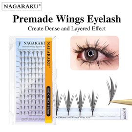 NAGARAKU Comic Wings Eyelashes, 96 Fans Wing Shape, Manga, Anime, Soft Volume, Individual Premade Fairy Eyelashes, One Piece, Shaped, Easy to Apply, Flat Root, Lace Base Fan (0.07 D 15 mm)