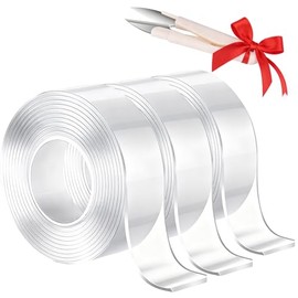 Cinta Adhesiva Doble Cara Transparente, 15M (3 Rollos de 5M) con Tijeras, Súper Fuerte, Reutilizable e Impermeable, Cinta Multiusos para Pared, Cocina, Baño, Alfombra y Manualidades