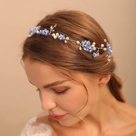 Jumwrit Wedding Rhinestone Headband Blue Flower Headband Handmade Pearl Bridal Headpiece Bride Bridesmaid Hair Accessories