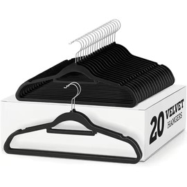 20 Velvet Non-Slip Hangers with 360° Swivel Hook – Space-Saving 0.6 cm Thick and 45 cm Long, Ideal for Coats, Dresses, and Trousers, Includes Tie Bar. (20, 20 Pack Black)
