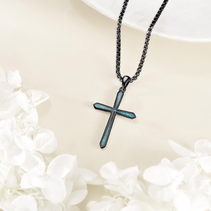 POPLYKE Black Turquoise Cross Necklace for Women 925 Sterling Silver