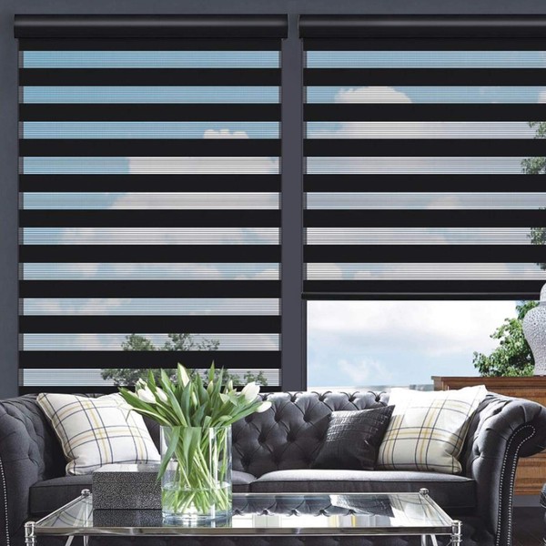 Changshade Cordless Zebra Roller Shade with Valance, Double Layered Window Blind for Day and Night, Light Filtering Window Treatment with Mesh and Opaque Fabric, 23 inches Wide, Black RBS23BK72A