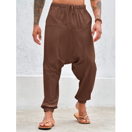 PASLTER Mens Harem Pants Baggy Casual Cotton Linen Boho Yoga Drop Crotch Hippie Trousers Brown