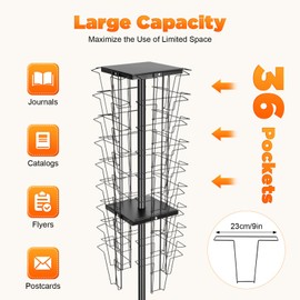 BJTDLLX Brochure Display Stand, 36 Pocket Freestanding Rotating Display Stand Paper Organizer for Desk, 5.28ft Floor Standing Magazine Holders Rotating Magazine Rack, 132.3lbs Load Capacity