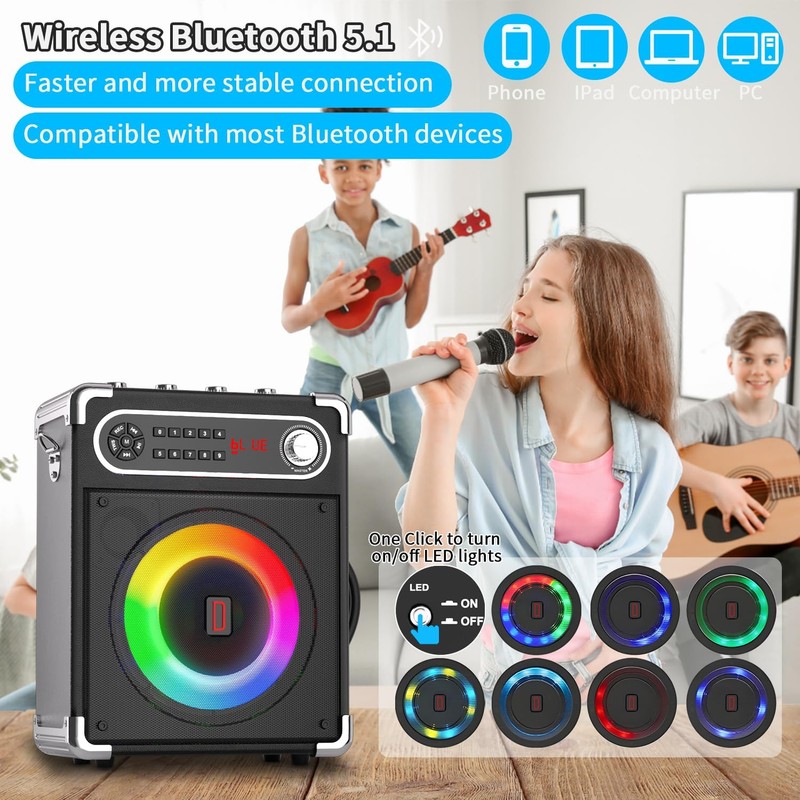 Karaoke Machine with 4 Wireless Microphones, Portable Bluetooth 5.1 Speaker