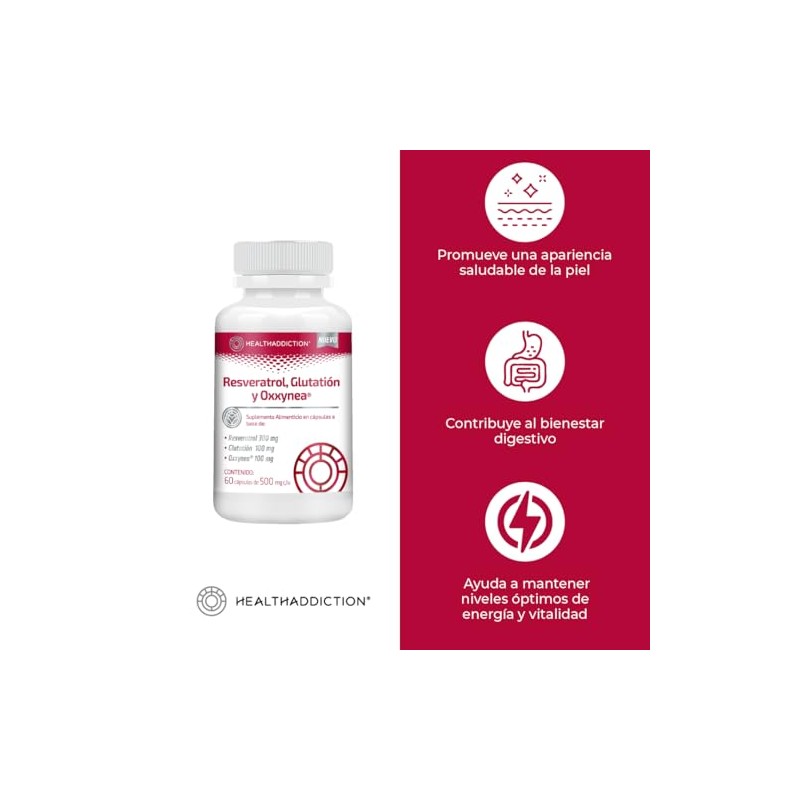 Healthaddiction Resveratrol Glutatión Oxxynea 500 Suplemento Antioxidante Polifenoles Bienestar Cápsulas