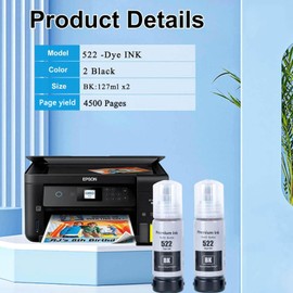 TAAUS 522 Black Ink Bottle Refill for Epson T522 Work with EcoTank ET-1110 ET-1810 ET-2710 ET-2720 ET-2810 ET-2811 ET-2820 ET-4700 ET-4800 Printers （2 Black）