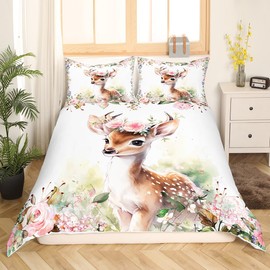 Feelyou Cute Deer Bedding Set Twin Size Kids Cartoon Animal Comforter Cover Set for Boys Girls Teens Flower Floral Print Duvet Cover Farm Zoo Garden Theme Bedspread Cover (No Comforter)