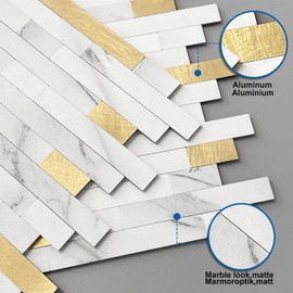 MOFIT 3D Stone Brick Backsplash Tile for Kitchen Peel and Stick Self-Adhesive Wall Tile,Marble Linear Mosaic Tiles Stickers Bathroom Wall Panels Fireplace Vanity (White Titanium Gold,10sheets)