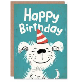 Artery8 Birthday Card White Dog with Party Hat Fun Quirky Cartoon For Child Kids Greeting Card