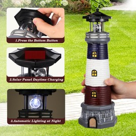 Yardwe Solar Garden Lighthouse Decor Waterproof Outdoor Solar-Powered Lighthouse Statue for Yard Lawn Patio Landscape Lighting