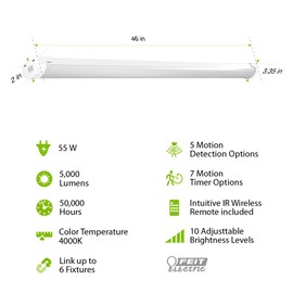Feit Electric 46" LED Utility Light, Motion Sensor with 5 Modes & Timer, Remote Control, 5000 Lumens, 4000K Cool White, 55W Energy-Efficient Shop Light for Garage, Workshop, Storage, SHOP/4/840/MM
