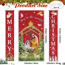 Tiamon 3 Pcs Christmas Nativity Door Decorations Jesus Christmas Door Cover Merry Christmas Porch Sign Joy to the World Door Banner for Xmas Winter Religious Holy Night Church Home Front Door Decor