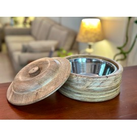 Handcrafted Wooden Mexican Tortilla Warmer Basket Indian Chapati Roti Bread Holder Box Pancake Keeper Serveware Hot Pot Casserole Dish With Lid Home Kitchen Dining Decor, Natural Brown, 9 x 4.5 Inches