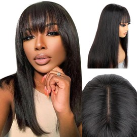 ISEE HAIR 24 Inch Straight Wig with Bangs Human Hair Glueless Wig Ready to Go Human Hair Wigs For Women 180 Density